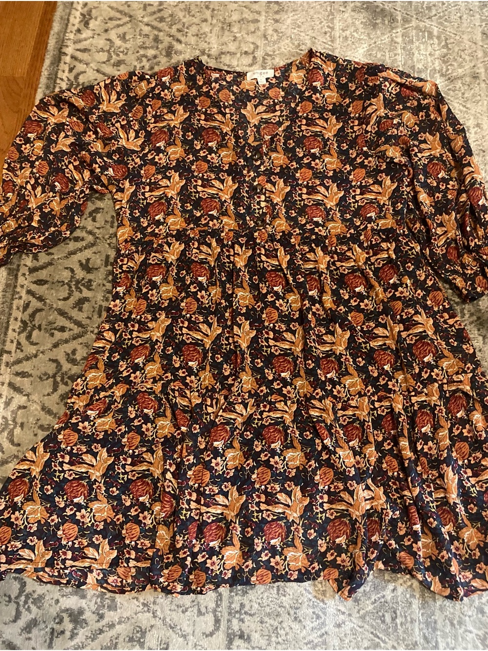 Umgee Navy Floral Dress with Rust & Mustard Blooms